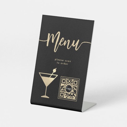 Elegant Bar Menu Gouden Cocktail Glas QR Code Reclamebord Met Voetstuk (Voorkant)