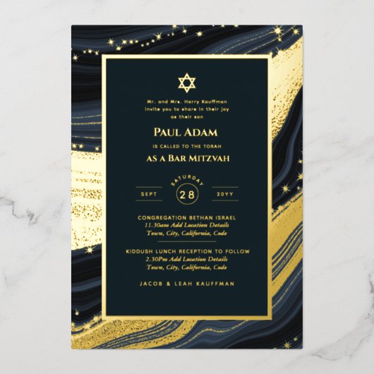 Elegant Bar Mitzvah | Bat Mitzvah | Navy Agate Folie Uitnodiging (Voorkant)