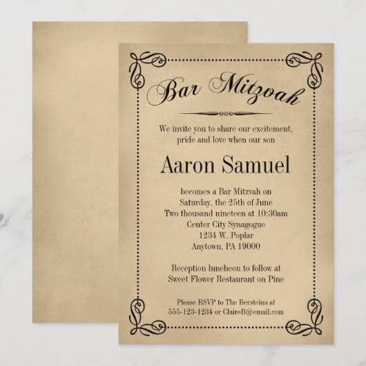 Elegant Bar Mitzvah Invitaties Kaart (Voorkant / Achterkant)