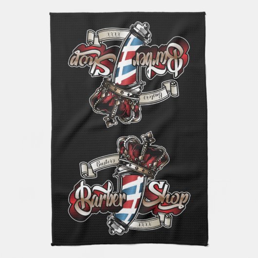 Elegant Barber Pole and Crown Personalize Theedoek (Verticaal)