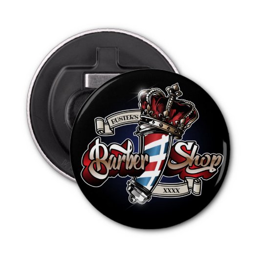Elegant Barber Pole en Crown Logo personalize Button Flesopener (Voorkant)