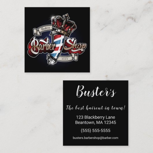 Elegant Barber Pole en Crown Square Personaliseren Vierkante Visitekaartje (Voorkant / Achterkant)