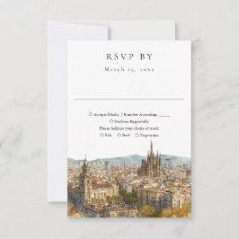 Elegant Barcelona Skyline Watercolor Wedding RSVP Kaartje