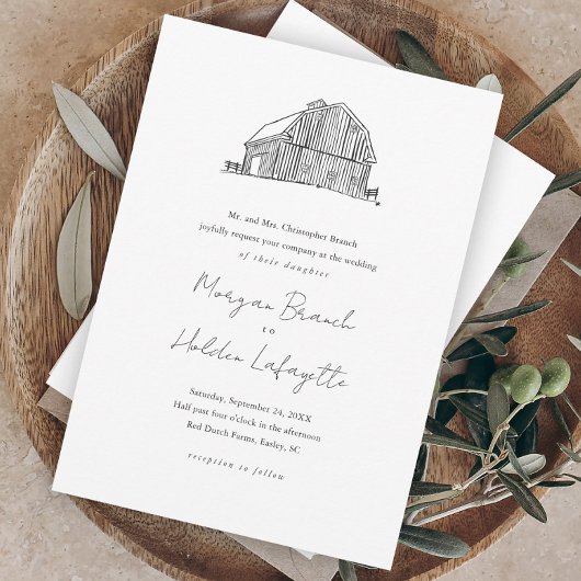 Elegant Barn Black en White Rustic Wedding Kaart