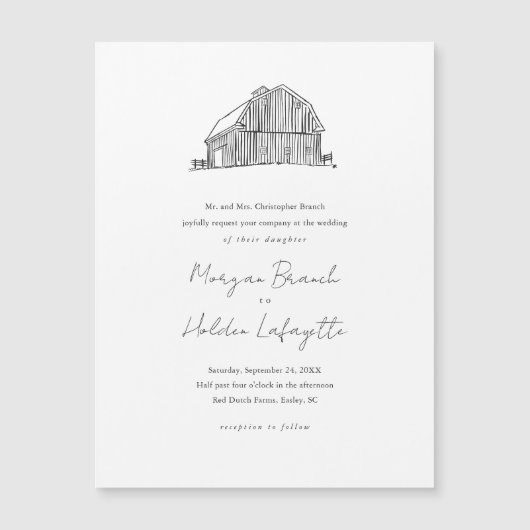 Elegant Barn Black en White Rustic Wedding Magnetische Uitnodiging (Voorkant)