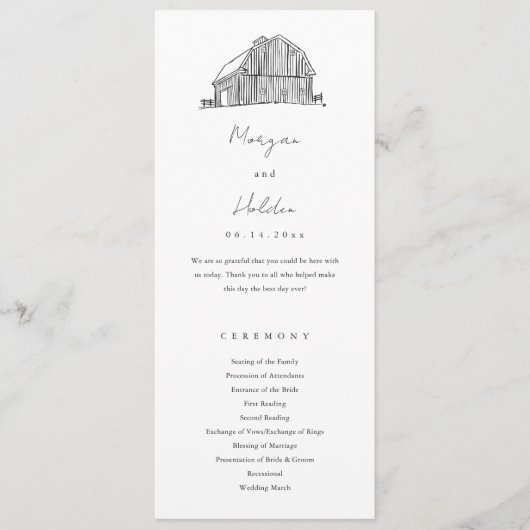 Elegant Barn Black en White Rustic Wedding Programmakaart (Voorkant)