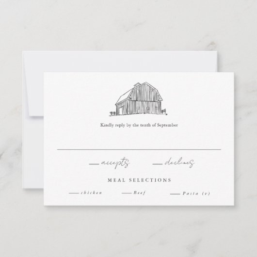 Elegant Barn Black en White Rustic Wedding RSVP Kaartje (Voorkant)