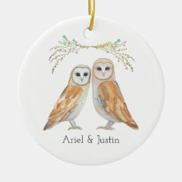 Elegant Barn Owl Couple Custom Name kerstcadeau Keramisch Ornament