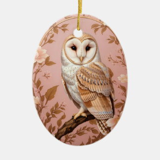 Elegant Barn Owl Pink and Gold Floral Keramisch Ornament