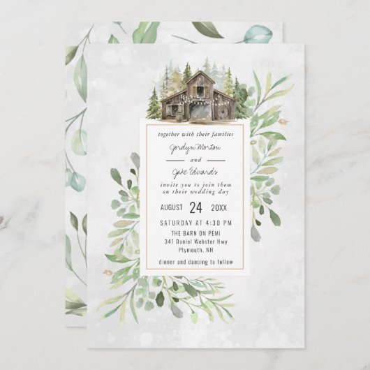Elegant Barn | Uitnodiging tot Waterverf bruiloft (Voorkant / Achterkant)