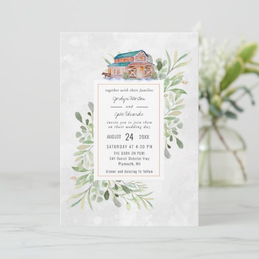 Elegant Barn | Uitnodiging tot Waterverf bruiloft (Staand voorkant)