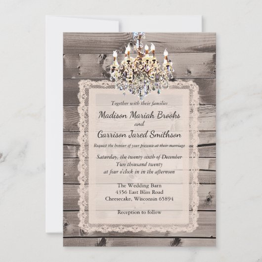 Elegant barnbruiloft met kant en kroonluchter kaart (Voorkant)