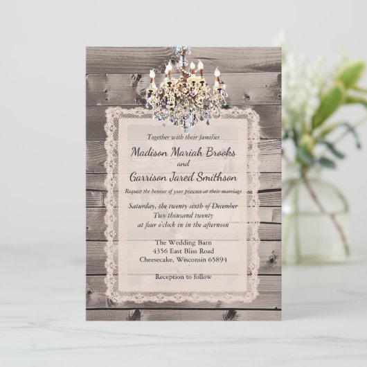 Elegant barnbruiloft met kant en kroonluchter kaart (Staand voorkant)