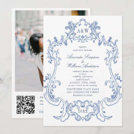 Elegant Barok Blauw  Lijst Trouwfoto QR Kaart