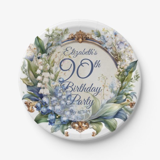 Elegant Barok Bloemen Lijst 90ste Verjaardag Party Papieren Bordje (Voorkant)