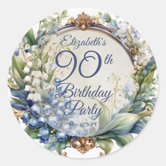 Elegant Barok Bloemen Lijst 90ste Verjaardag Party Ronde Sticker (Voorkant)