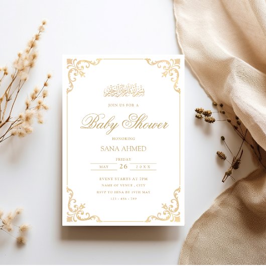 Elegant Barok Gold Script Moslim Baby shower Kaart