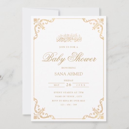 Elegant Barok Gold Script Moslim Baby shower Kaart (Voorkant)