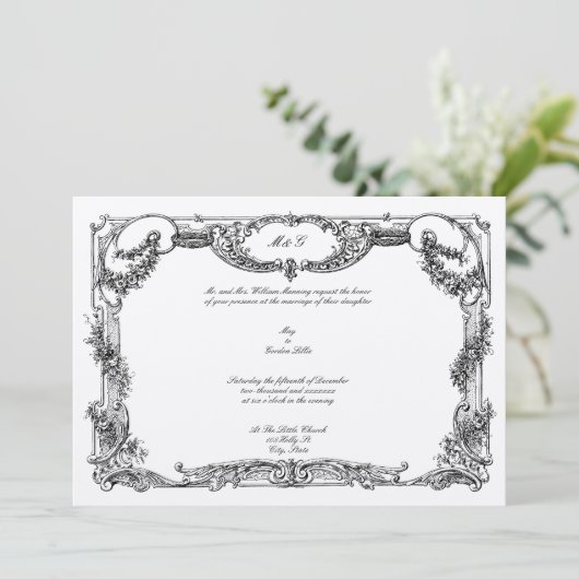 Elegant Barok Rococo Roos Bloemengrens Bruiloft Kaart (Staand voorkant)