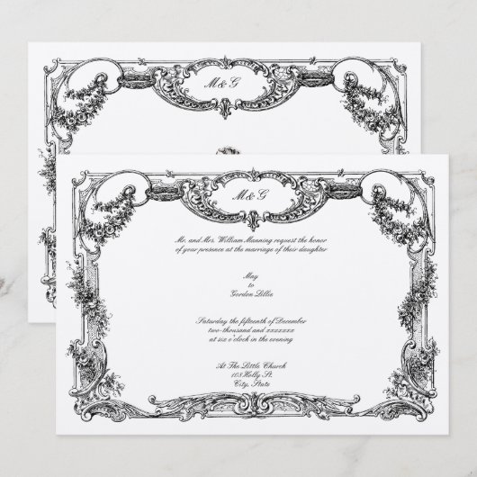 Elegant Barok Rococo Roos Bloemengrens Bruiloft Kaart (Voorkant / Achterkant)