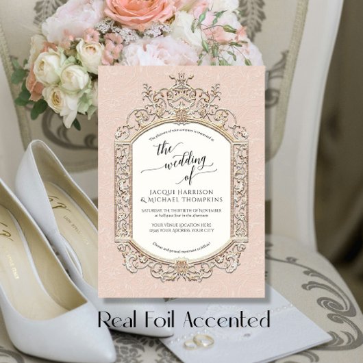 Elegant Barok Scrollwork Blush Roze Goud Folie Uitnodiging