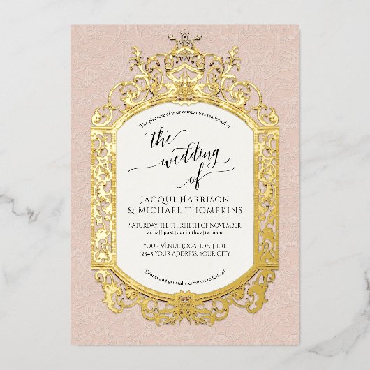 Elegant Barok Scrollwork Blush Roze Goud Folie Uitnodiging (Voorkant)