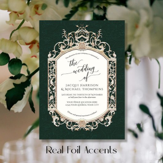 Elegant barok scrollwork bos groen folie uitnodiging