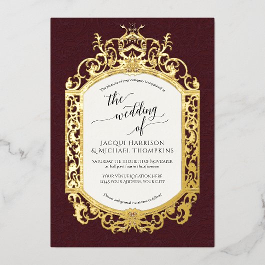 Elegant Barok Scrollwork Bourgogne Folie Uitnodiging (Voorkant)