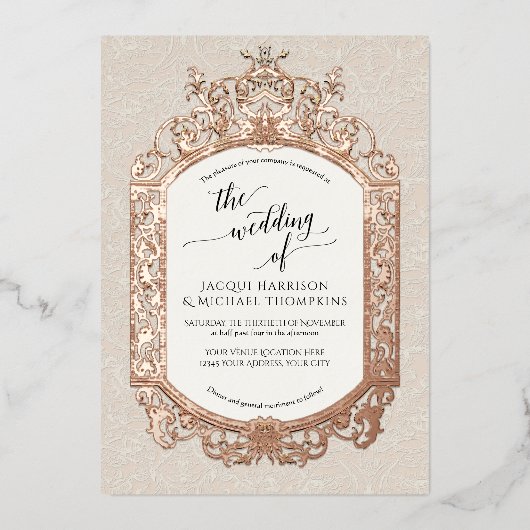 Elegant  Barok Scrollwork Ecru Beige Gold Folie Uitnodiging (Voorkant)