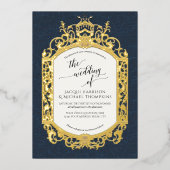 Elegant  Barok Scrollwork Navy Blue Gold Folie Uitnodiging (Voorkant)