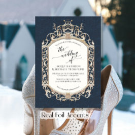 Elegant  Barok Scrollwork Navy Blue Gold Folie Uitnodiging