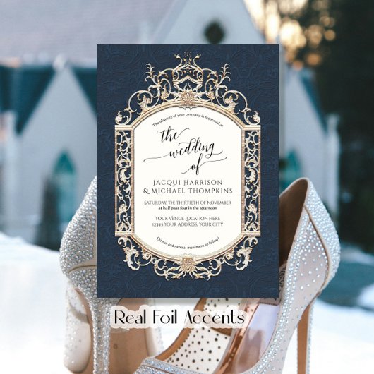 Elegant  Barok Scrollwork Navy Blue Gold Folie Uitnodiging