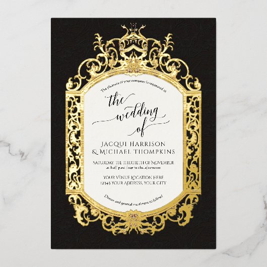 Elegant barok scrollwork zwart en wit folie uitnodiging (Voorkant)