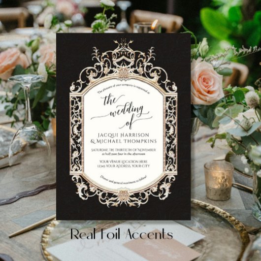 Elegant barok scrollwork zwart en wit folie uitnodiging