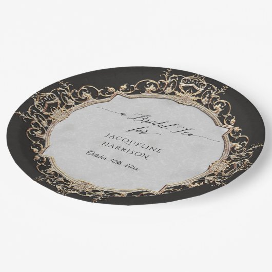  Elegant Barok Zwart en Goud Bruidsthee Papieren Bordje (Gekanteld)
