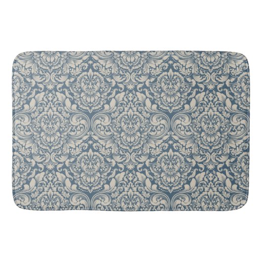 Elegant Baroque Blue Damask Brocade over White Badmat (Voorkant)
