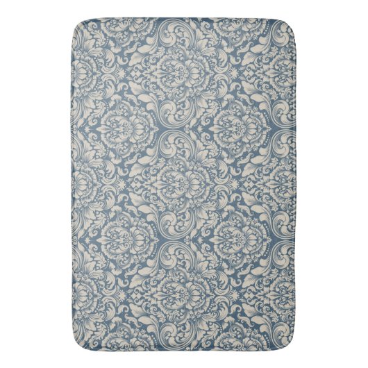 Elegant Baroque Blue Damask Brocade over White Badmat (Voorkant Verticaal)