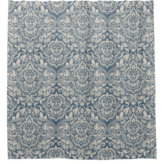 Elegant Baroque Blue Damask Brocade over White Douchegordijn (Voorkant)