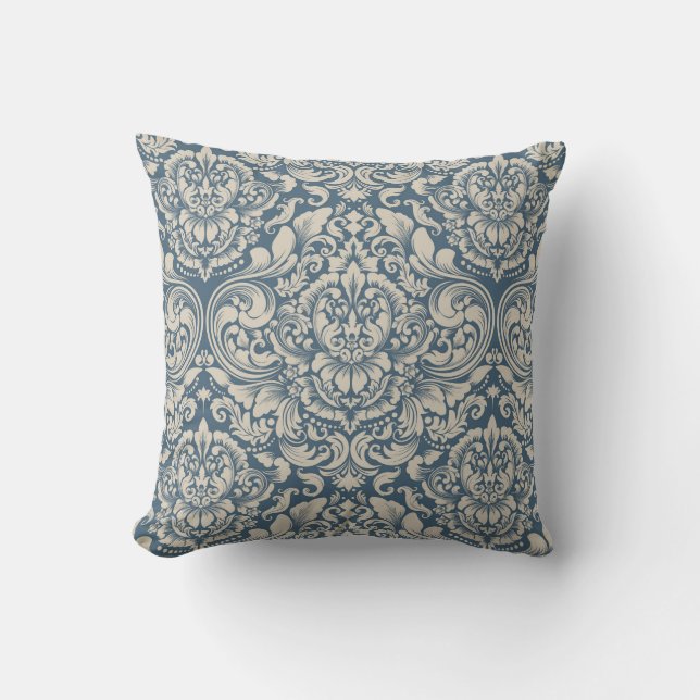 Elegant Baroque Blue Damask Brocade over White Kussen (Voorkant)