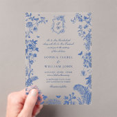 Elegant Baroque Blue French Garden Floral Wedding Acryl Uitnodigingen (Insitu (Draagbaar))