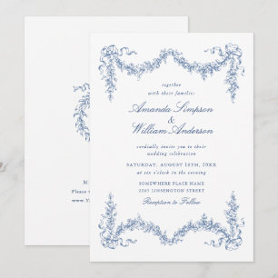 Elegant Baroque Blue French Garden Floral Wedding Kaart