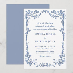 Elegant Baroque Blue French Garden Floral Wedding Kaart