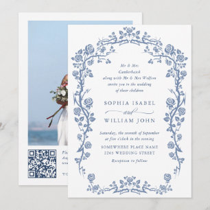 Elegant Baroque Blue French Garden Floral Wedding Kaart