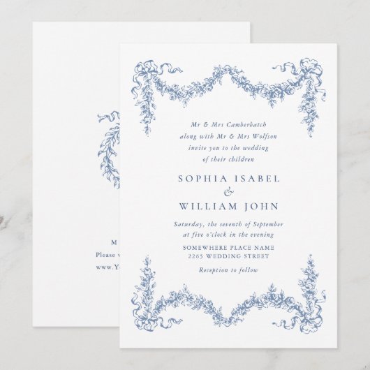 Elegant Baroque Blue French Garden Floral Wedding Kaart (Voorkant / Achterkant)