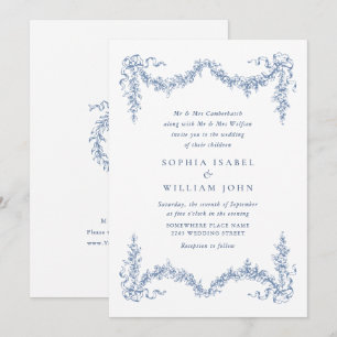 Elegant Baroque Blue French Garden Floral Wedding Kaart