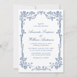 Elegant Baroque Blue French Garden Floral Wedding Kaart