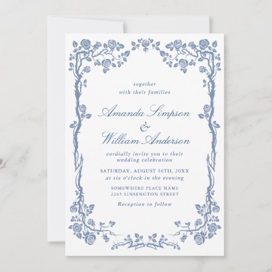 Elegant Baroque Blue French Garden Floral Wedding Kaart (Voorkant)