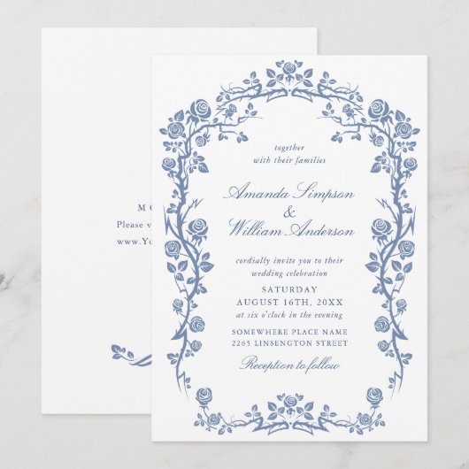 Elegant Baroque Blue French Garden Floral Wedding Kaart (Voorkant / Achterkant)
