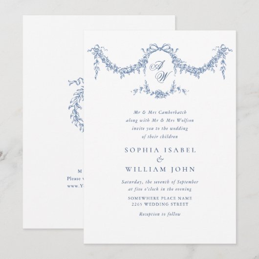 Elegant Baroque Blue French Garden Floral Wedding Kaart (Voorkant / Achterkant)