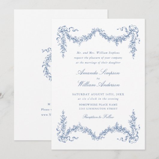 Elegant Baroque Blue French Garden Floral Wedding Kaart (Voorkant / Achterkant)